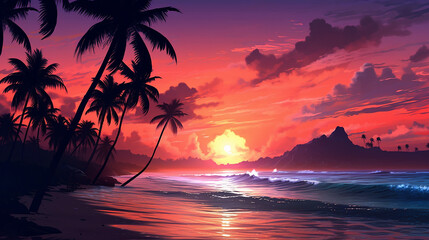 Fototapeta na wymiar Paradise palms Hawaii silhouette sea. generative AI
