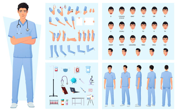 Character Constructor With Nurse, Doctor, Face Expressions, Emotions, Various Hand Gestures Front, side and Back view