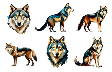 Watercolor wolf set. generative Ai