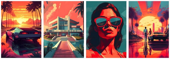 Poster template set for your text. Summer, Sunset, Woman, Travel. City with palm trees and cars, Beautiful villa building on the ocean. Generative Ai.