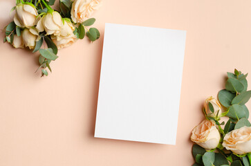 Obraz na płótnie Canvas Wedding invitation card mockup with flowers, blank card mock up with copy space