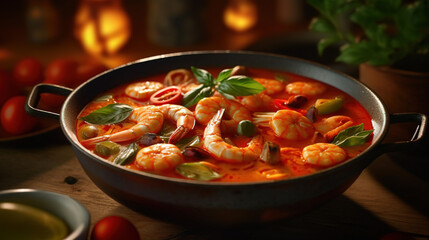 cooked shrimp in tomatoes and olives in a pot