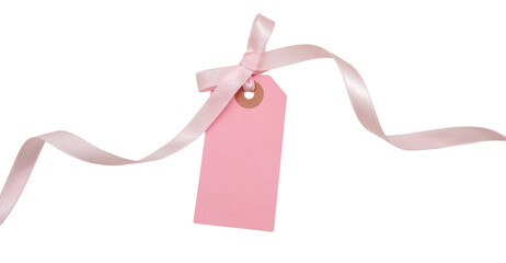 Blank price tag isolated on transparent background. Pastel pink color empty gift card and ribbon bow, PNG