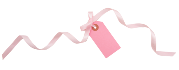 Blank price tag isolated on transparent background. Pastel pink color empty gift card and ribbon bow, PNG