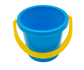 Blue bucket toy with yellow handle isolated on transparent background. Baby and kid activity for the beach. PNG