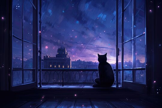 serene nighttime scene with a cat sitting on a windowsill, gazing at the moon. deep blues and purples for the sky and add delicate stars to create a dreamy atmosphere