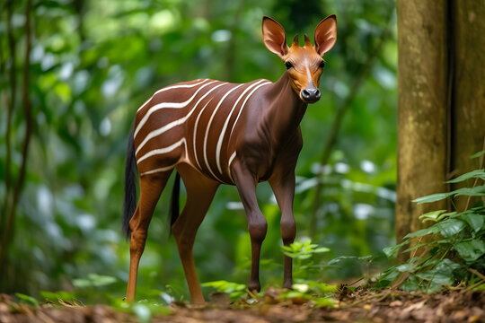 Female Okapi in a lush, green forest, Generative AI