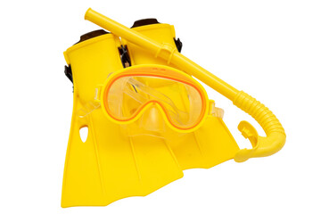 Yellow diving equipment, mask snorkel and flippers  isolated on transparent background. PNG