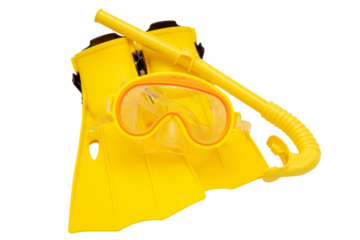 Yellow diving equipment, mask snorkel and flippers  isolated on transparent background. PNG