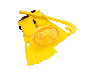Yellow diving equipment, mask snorkel and flippers  isolated on transparent background. PNG - obrazy, fototapety, plakaty