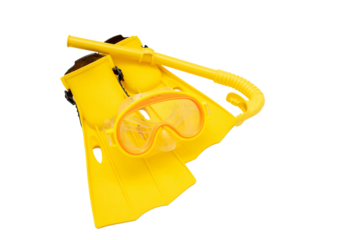 Yellow diving equipment, mask snorkel and flippers  isolated on transparent background. PNG