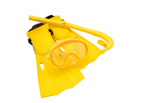 Yellow diving equipment, mask snorkel and flippers  isolated on transparent background. PNG