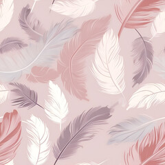 Fototapeta na wymiar Luxury, delicate and tender seamless pattern background with elegant pink feathers. AI illustration. Boho style texture. For textile, fashion, fabric, wrapping paper, card.