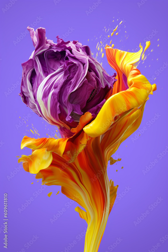 Poster An abstract surreal photograph of a Radicchio splashed in bright paint, symbolizing freshness and health.  Generative AI technology.