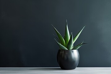 0255. Aloe vera succulent in front of dark wall. Generative AI - obrazy, fototapety, plakaty
