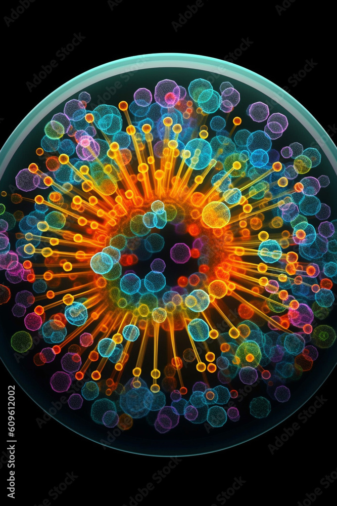 Aufkleber An agar plate with well-defined bacterial colonies arranged in a circular pattern, resembling a colorful mosaic. Generative AI technology.