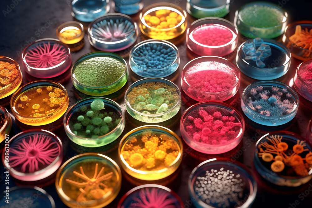 Poster Multiple petri dishes showcasing bacterial colonies of different shapes and sizes, creating a visually striking composition.  Generative AI technology.