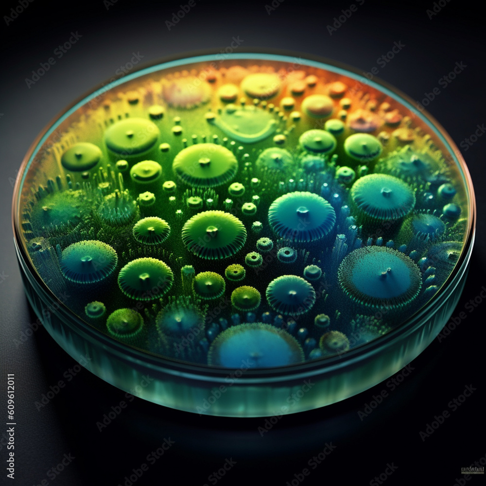Poster an agar plate with bacterial colonies displaying a gradient of colors, transitioning from dark blue 