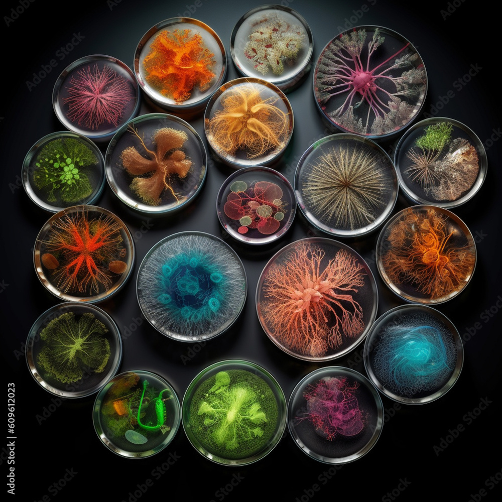 Poster Multiple petri dishes showcasing bacterial colonies that have formed intricate networks and interconnected structures.  Generative AI technology.