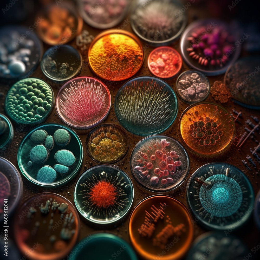 Poster A close-up image of a petri dish revealing bacterial colonies with distinctive textures, ranging from velvety to fuzzy.  Generative AI technology.