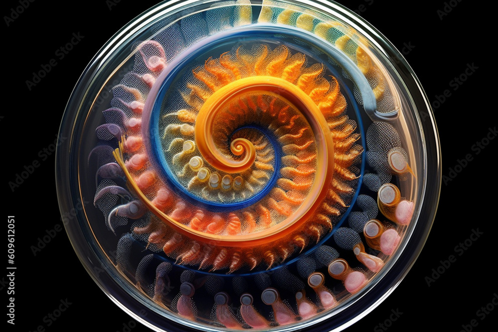 Aufkleber a petri dish with bacterial colonies arranged in a spiral pattern, reminiscent of a seashell. genera