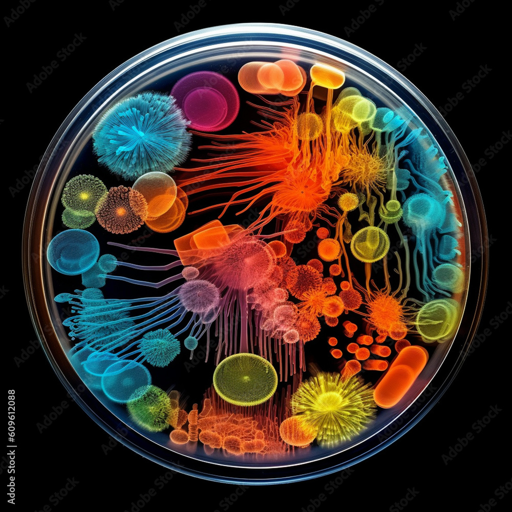 Poster a macro photograph of a petri dish capturing the vibrant and dynamic growth patterns of bacterial co