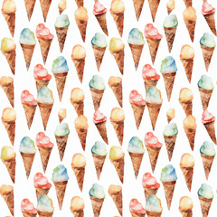 Seamless pattern with many ice cream waffle cones on white background in watercolor style. Generative AI.