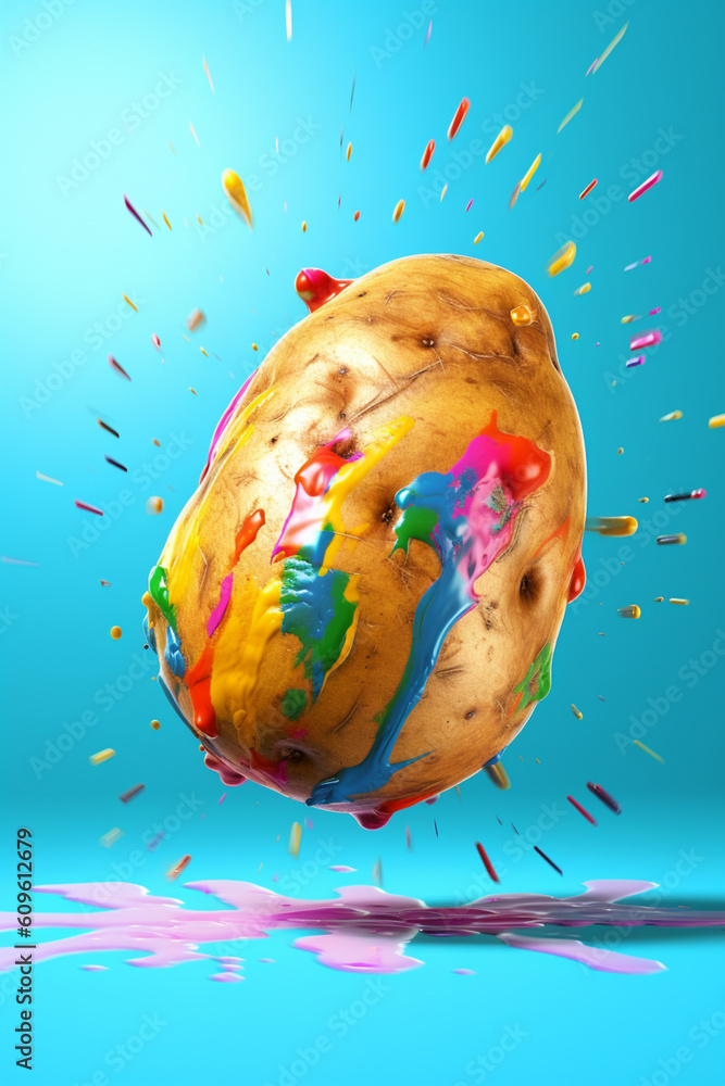 Poster an abstract surreal photograph of a potato splashed in bright paint, symbolizing freshness and healt