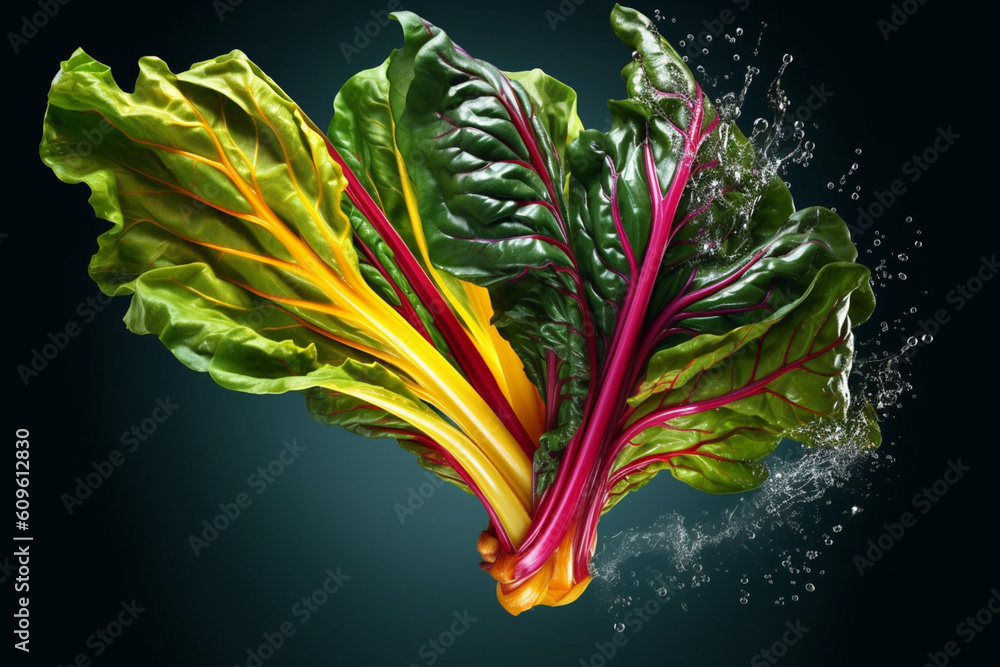 Poster an vibrant photograph of a swiss chard splashed in bright paint, symbolizing freshness and health. g