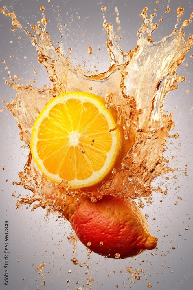 Poster An abstract surreal photograph of a Ginger splashed in bright paint, symbolizing freshness and health.  Generative AI technology.