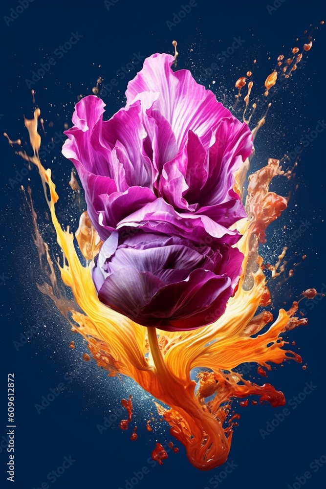 Poster an abstract surreal photograph of a radicchio splashed in bright paint, symbolizing freshness and he