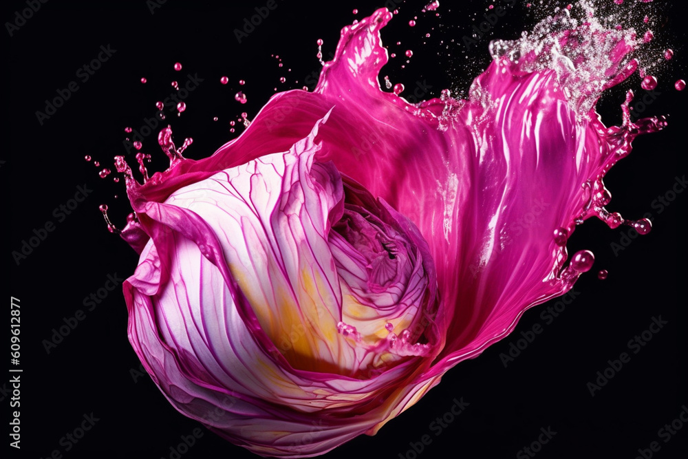 Poster an vibrant photograph of a radicchio splashed in bright paint, symbolizing freshness and health. gen