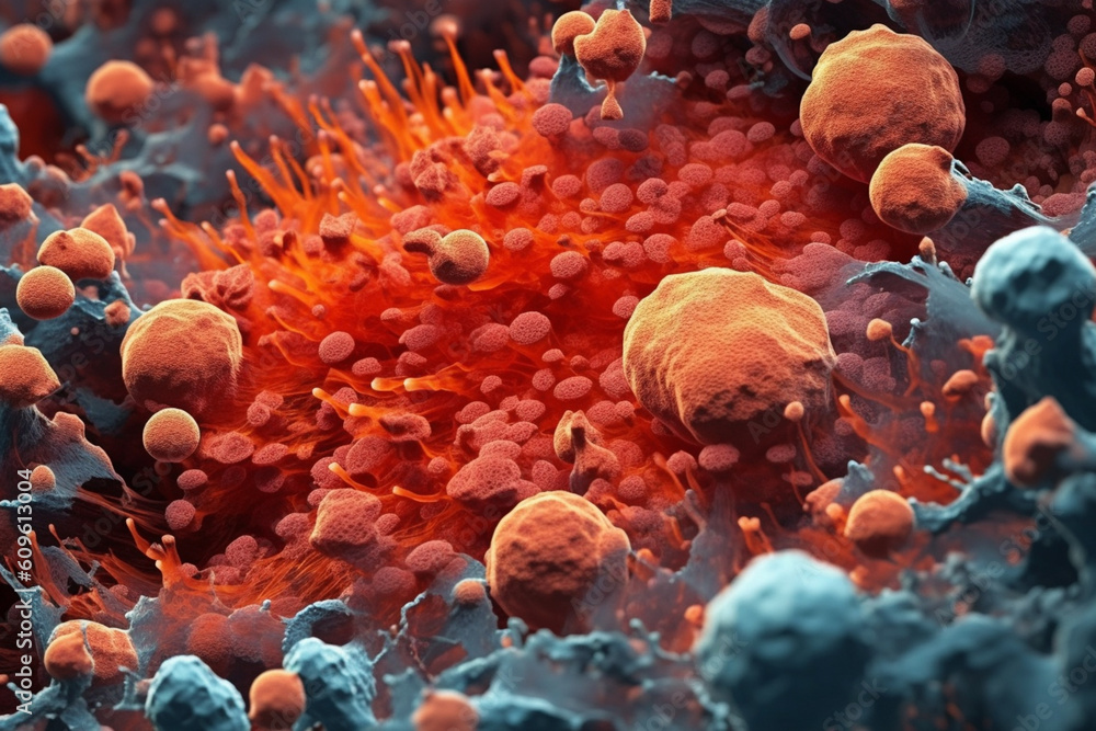 Poster a bacterial colony with a rough and irregular surface, exhibiting a vibrant red-orange color. genera