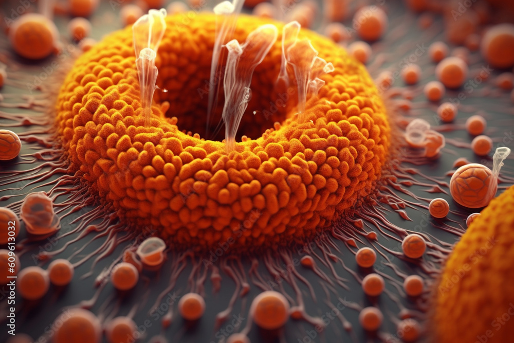 Aufkleber A bacterial colony with a circular shape and a bumpy surface, exhibiting a vibrant orange color.  Generative AI technology.