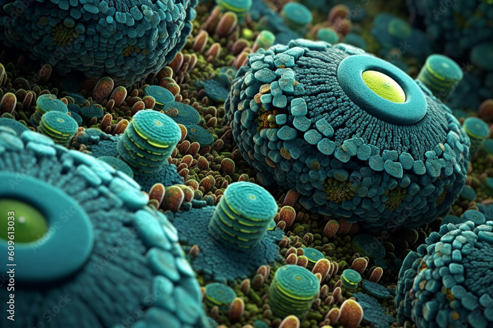 Poster A spreading bacterial colony with intricate patterns of concentric circles, exhibiting a combination of blue and green hues.  Generative AI technology.