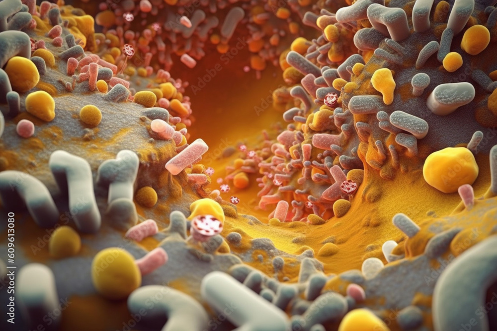 Poster A large bacterial colony with a flat and irregular shape, featuring a mix of yellow and brown colors.  Generative AI technology.