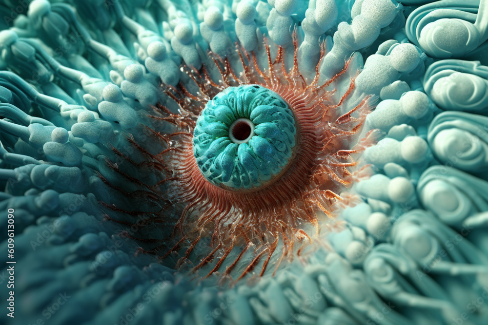 Poster a bacterial colony with a spiral pattern, resembling a miniature seashell, and displaying a vibrant 