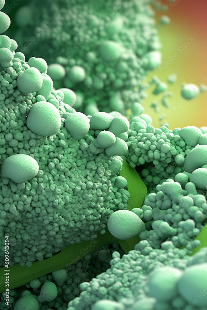 Poster A bacterial colony with irregular edges and a rough surface, resembling a cluster of small spheres, and displaying a pale green color.  Generative AI technology.