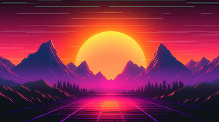 Retro landscape skyline with neon light grid sunset. Generative AI
