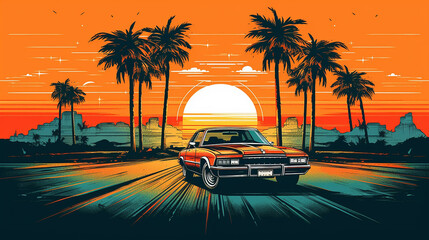 Retro sunset graphic collection landscape set with car. 