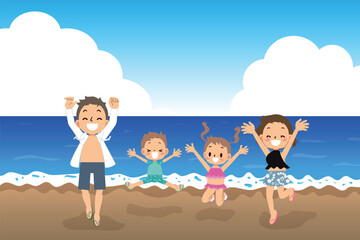 水着の家族4人でみんなでジャンプ