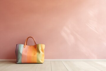 0274. Beach bag in front of light pastel wall. Generative AI