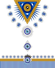 Evil eyes pattern, blue color, kaftan design, textile print.