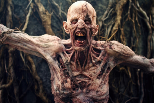 scary zombie man with melt skin generative ai