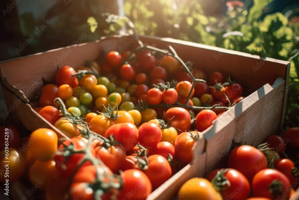 Poster organic red tomatoes in crates generative ai