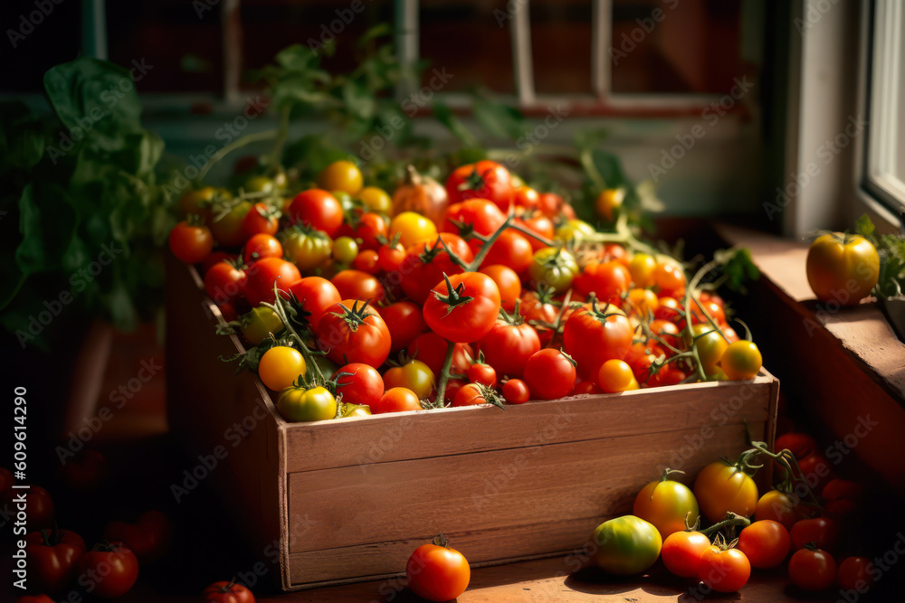Poster organic red tomatoes in crates generative ai