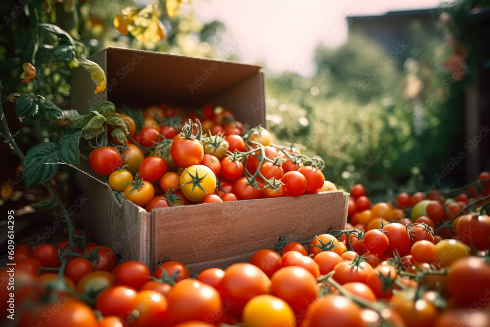 Poster organic red tomatoes in crates generative ai
