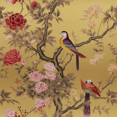 bird and peony chinoiserie seamless pattern