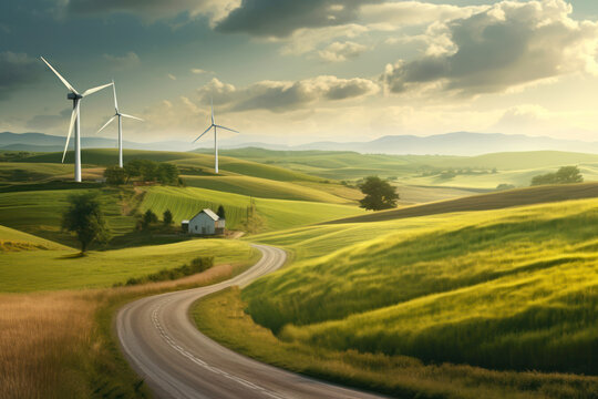 wind power generators along the road in the field cloudy sunset generative ai