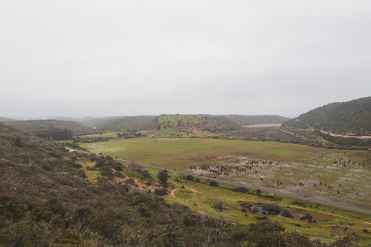 Landscape of the Parque Natural do Sudoeste Alentejano e Costa Vicentina in the southwest of Portugal in the Algarve region during rainy days. Walk along the Fisherman Trail